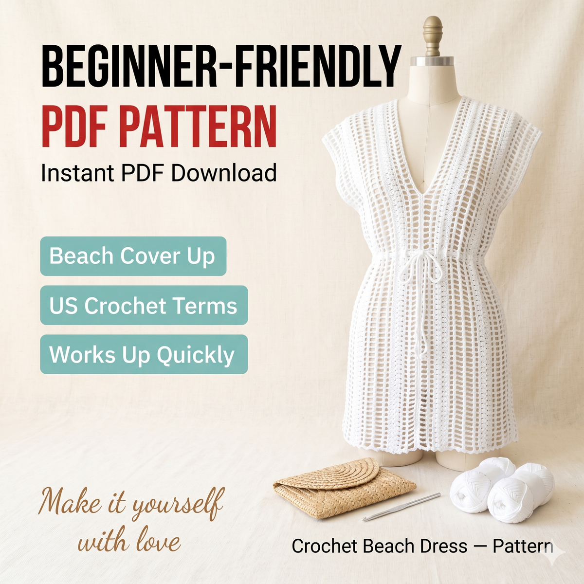 Crochet Beach Dress Pattern, Easy Boho Summer Cover Up, Beginner Friendly PDF