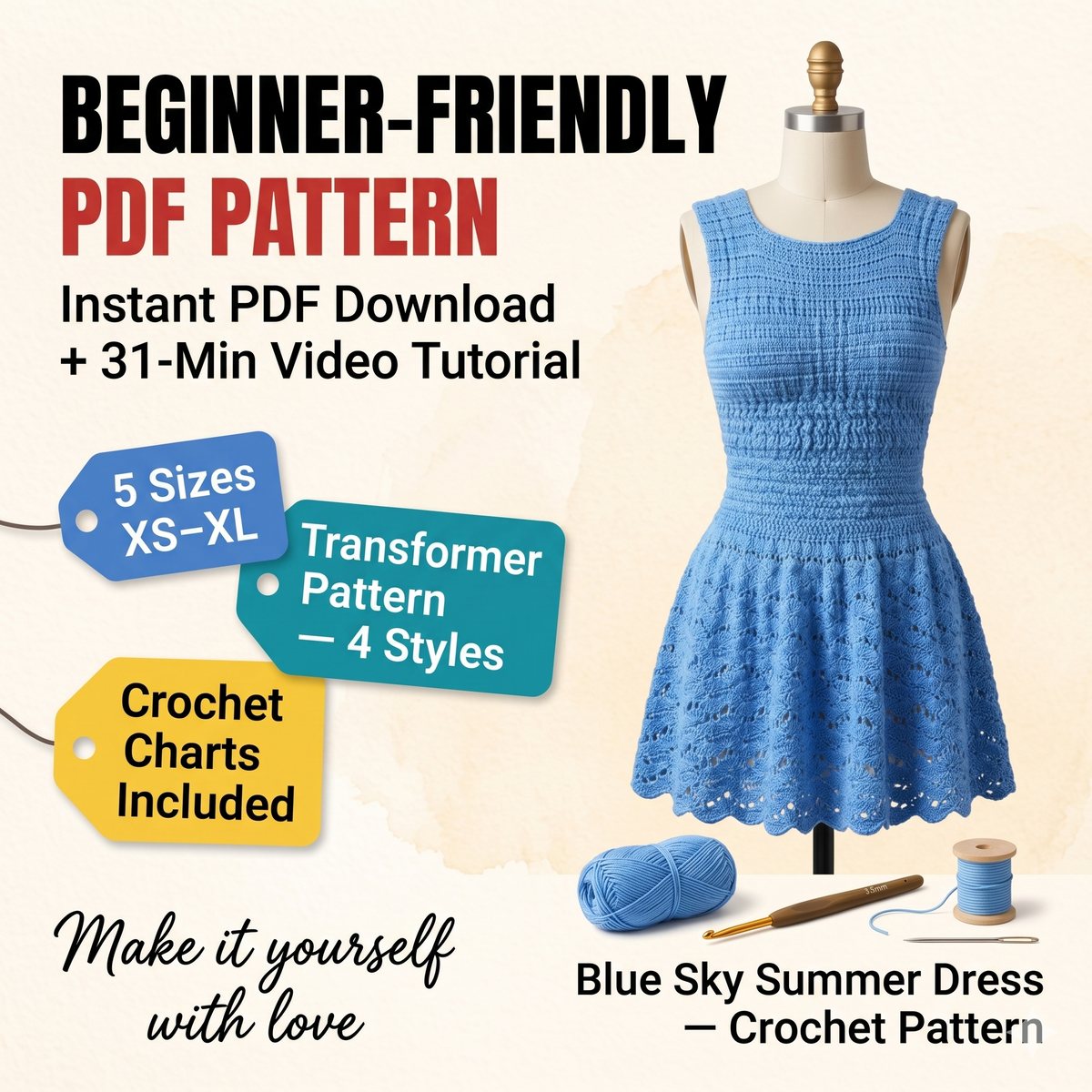 Crochet Dress PDF pattern + Video Tutorial - Summer Dress