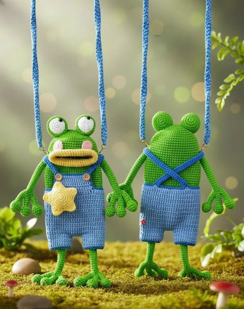 Crochet Frog Handbag Pattern – Amigurumi PDF with Blue Jumpsuit