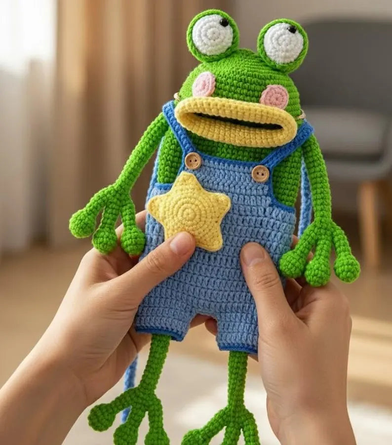 Crochet Frog Handbag Pattern – Amigurumi PDF with Blue Jumpsuit