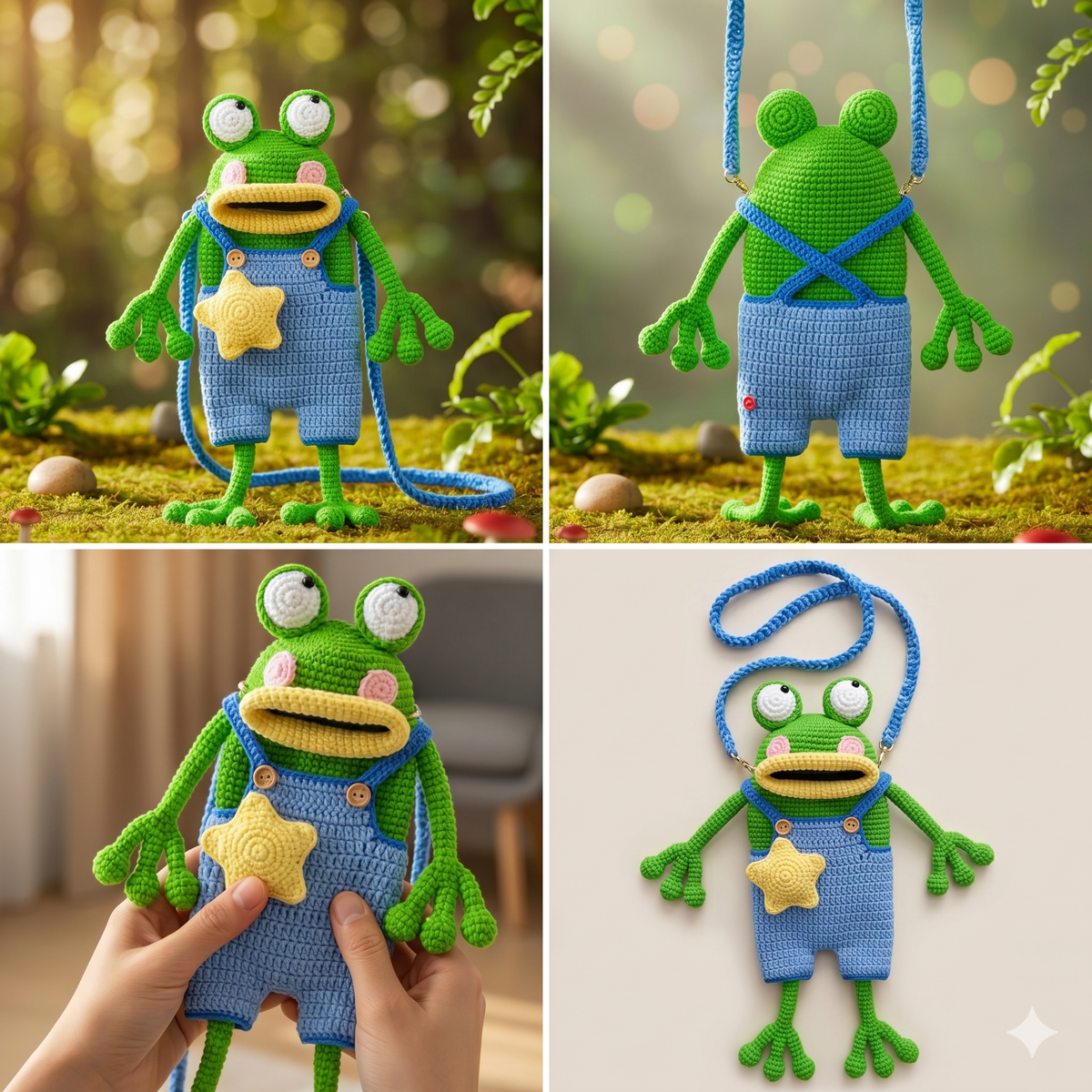 Crochet Frog Handbag Pattern – Amigurumi PDF with Blue Jumpsuit