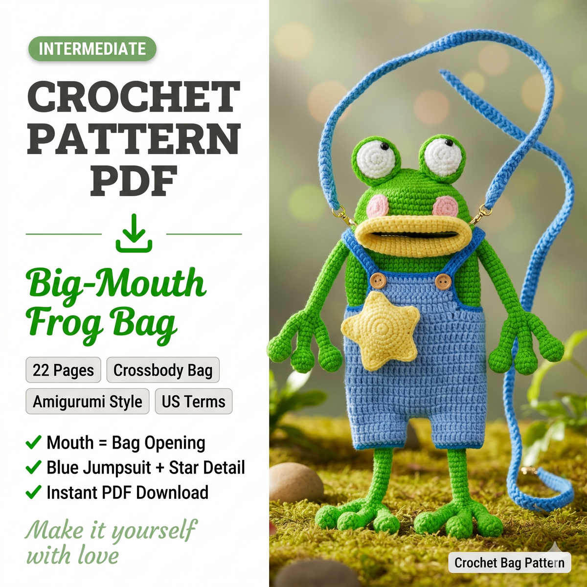 Crochet Frog Handbag Pattern – Amigurumi PDF with Blue Jumpsuit