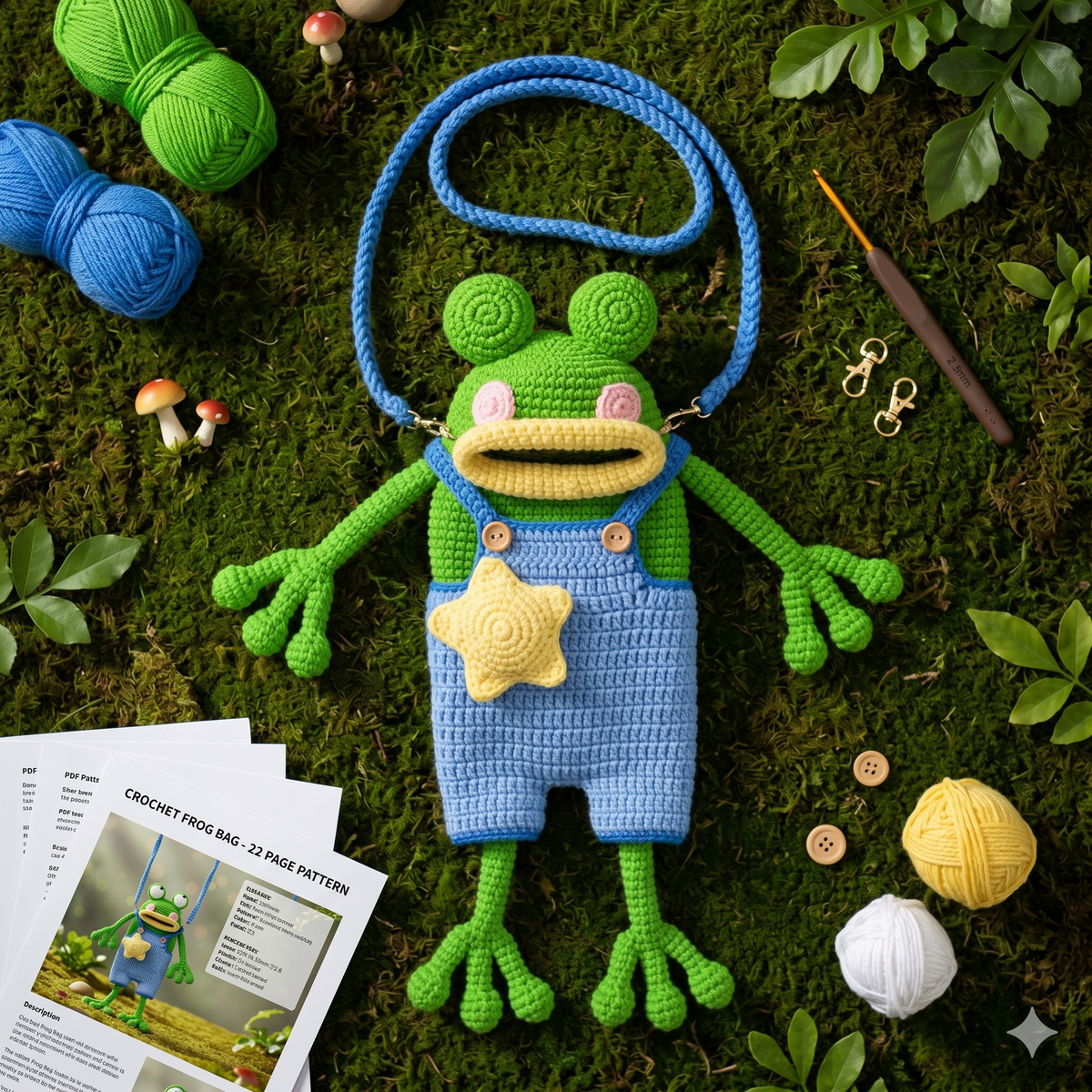 Crochet Frog Handbag Pattern – Amigurumi PDF with Blue Jumpsuit