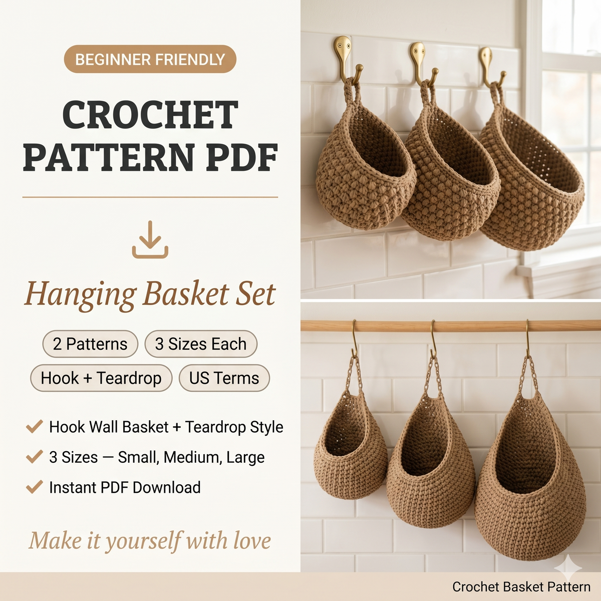 Crochet Hanging Basket Patterns – Hook & Teardrop Wall Storage (PDF Download)
