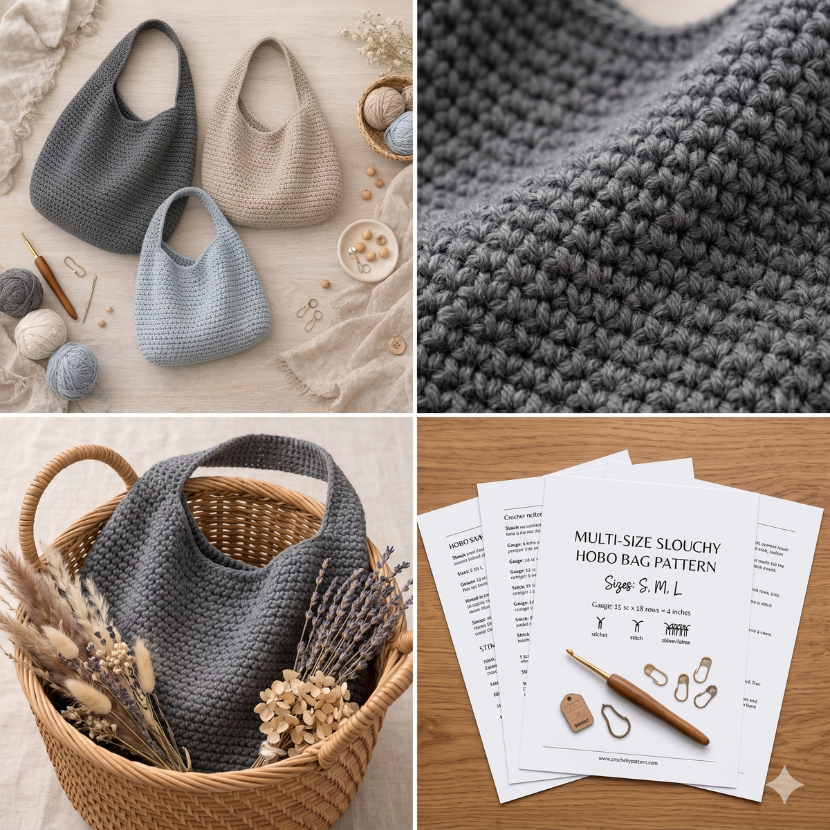 Crochet Hobo Bag Pattern PDF, Slouchy Tote, Beginner Tutorial, 3 Sizes (Small, Medium, Large)