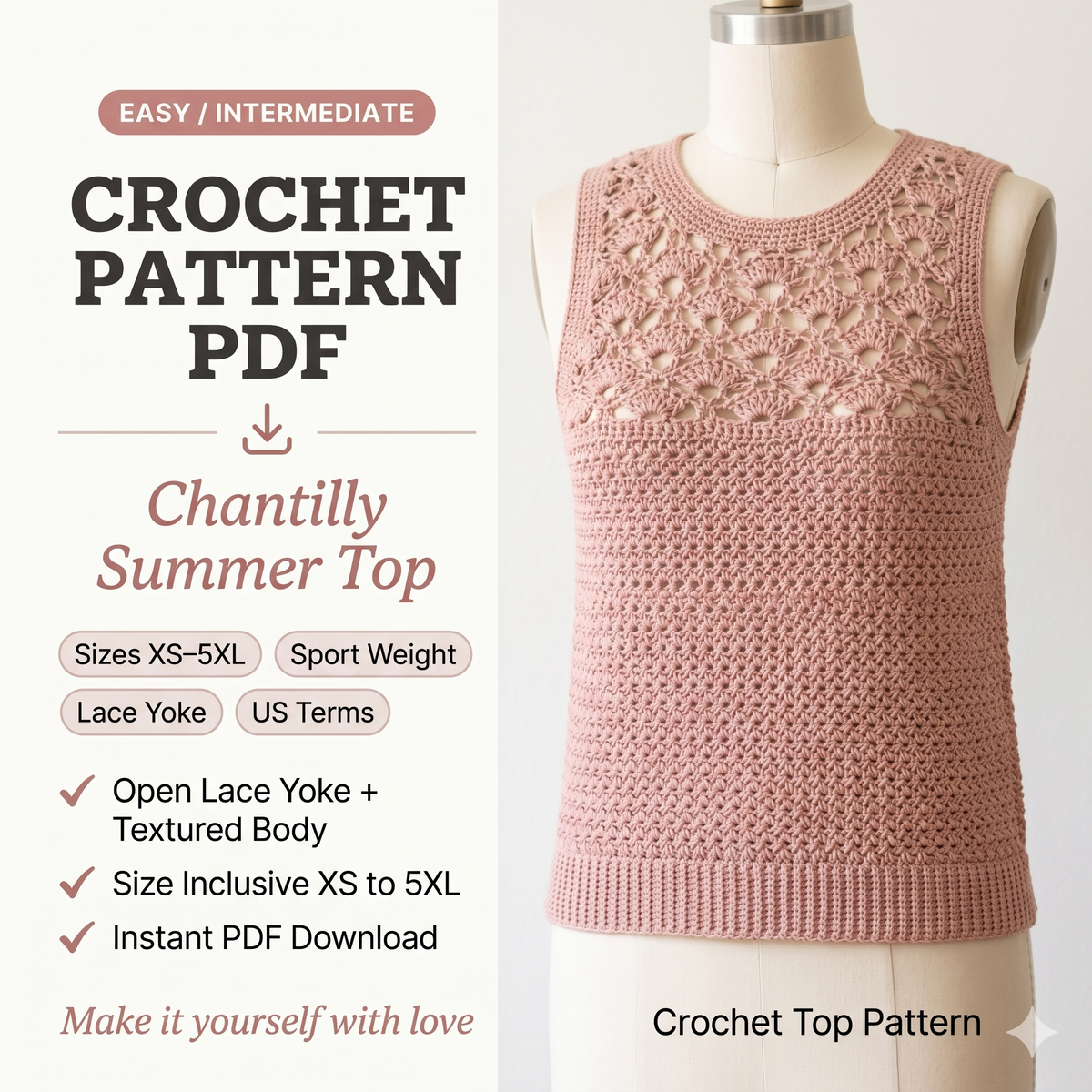 Summer Crochet Top Pattern, Chantilly Crochet Summer Top, Crochet Lace Top, Sleeveless Crochet Top, Summer Crochet Top PDF Crochet Pattern