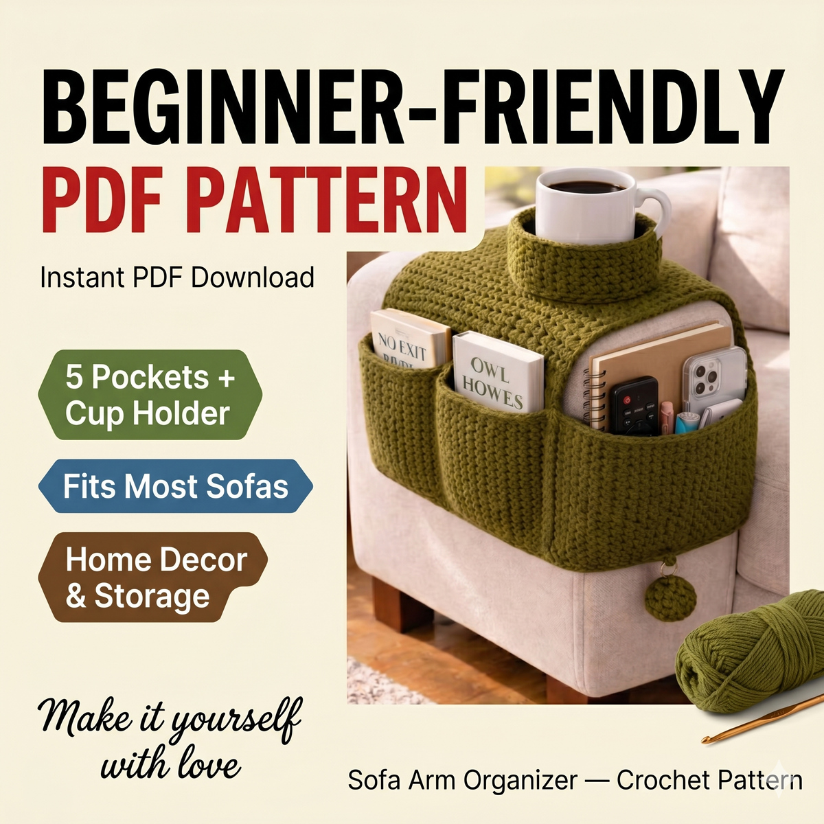Crochet Sofa Arm Organizer Pattern PDF | Couch Caddy with Pockets | Beginner Crochet Home Storage | Armchair Organizer Digital Download