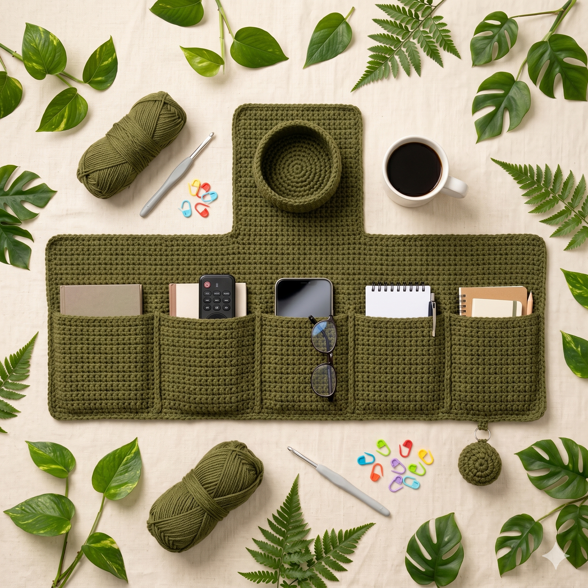 Crochet Sofa Arm Organizer Pattern PDF | Couch Caddy with Pockets | Beginner Crochet Home Storage | Armchair Organizer Digital Download