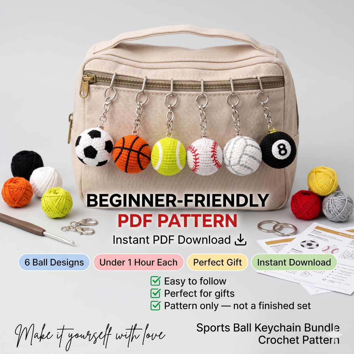 Crochet Sports Ball Keychain Pattern Bundle, Mini Amigurumi Set PDF (Digital Download)