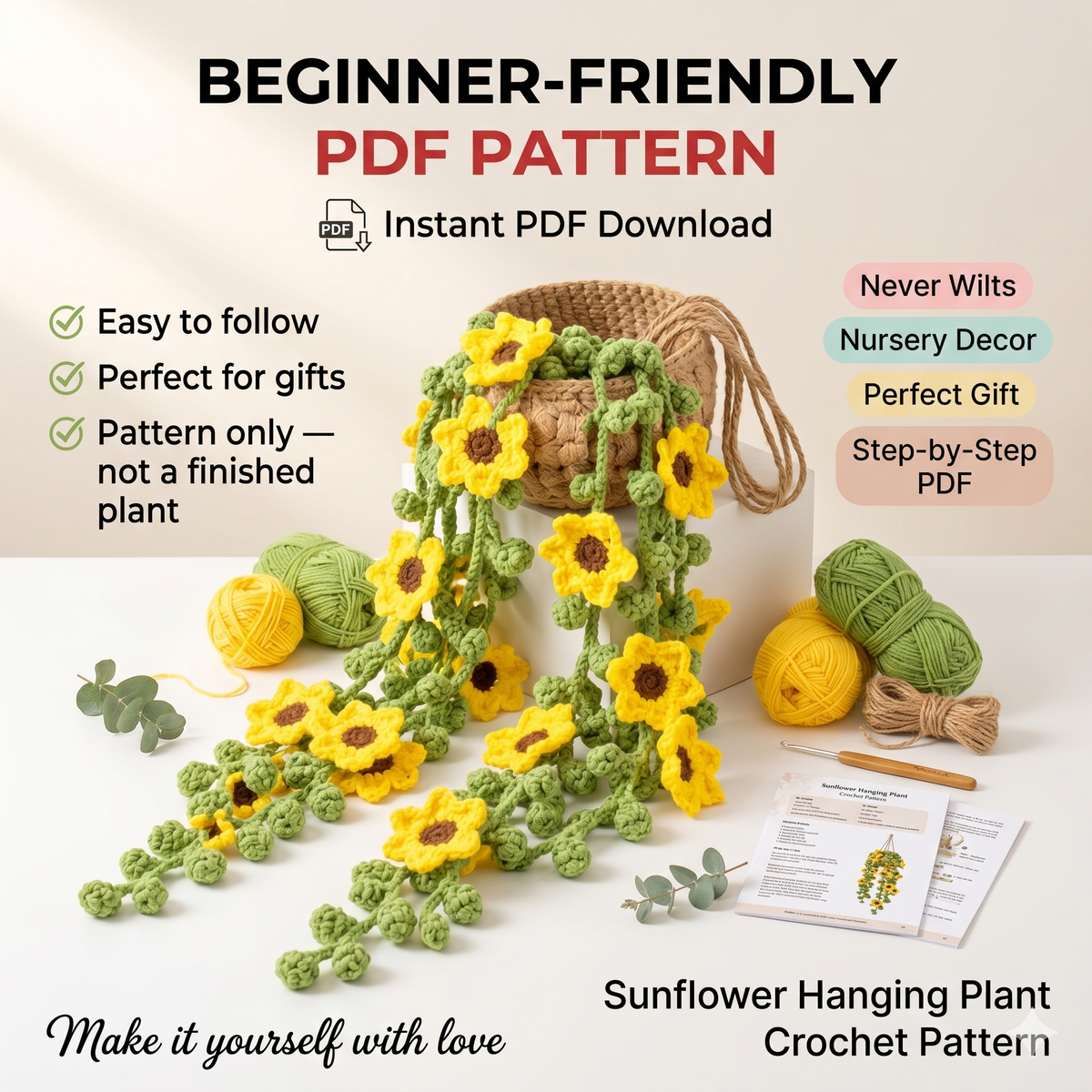 Crochet Sunflower Hanging Plant Pot Pattern, Amigurumi Flower Pot Tutorial PDF, DIY Nursery Room Decor