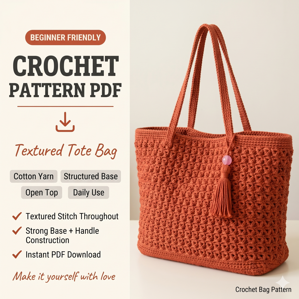 Crochet Tote Bag Pattern | Crochet Shoulder Bag | Textured Handmade Tote Bag | DIY Cotton Handbag (PDF Download)