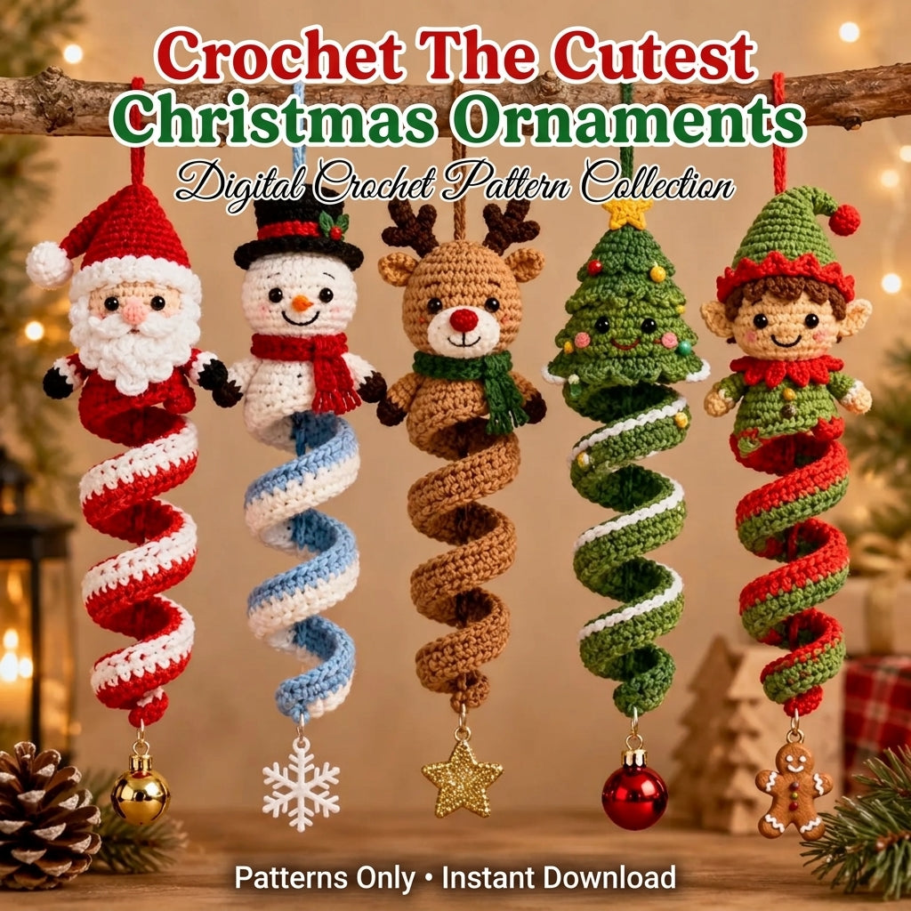 Christmas Spiral Ornament Crochet Pattern | Set of 5 Hanging Decorations | Santa, Snowman, Reindeer, Tree & Elf | PDF Instant Download