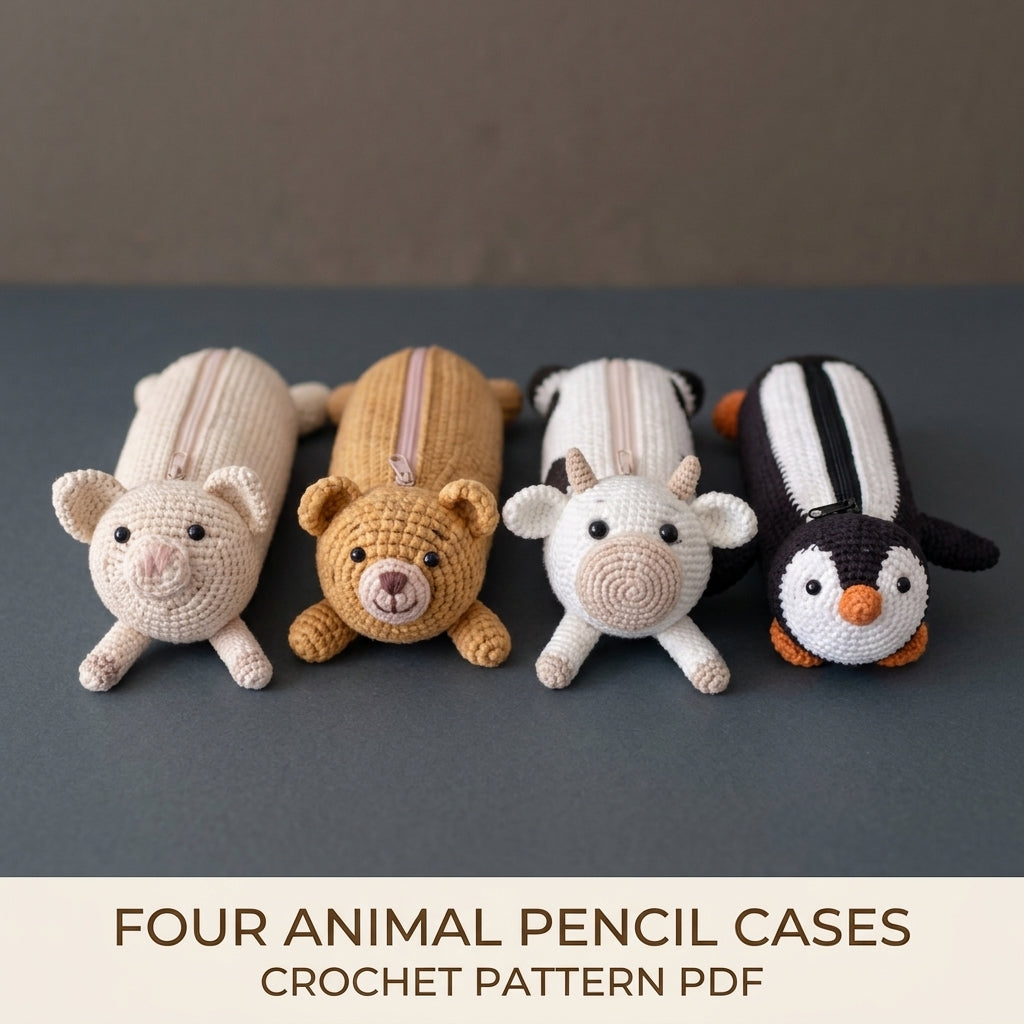 Animal Pencil Case Crochet Pattern PDF – Amigurumi Zip Pouch Set