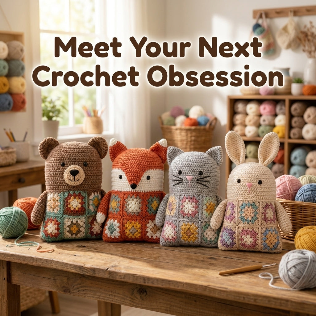 Granny Square Animal Cushion Crochet Pattern — Bear, Fox, Cat and Bunny, 4 Patterns in 1, US Terms, PDF Download