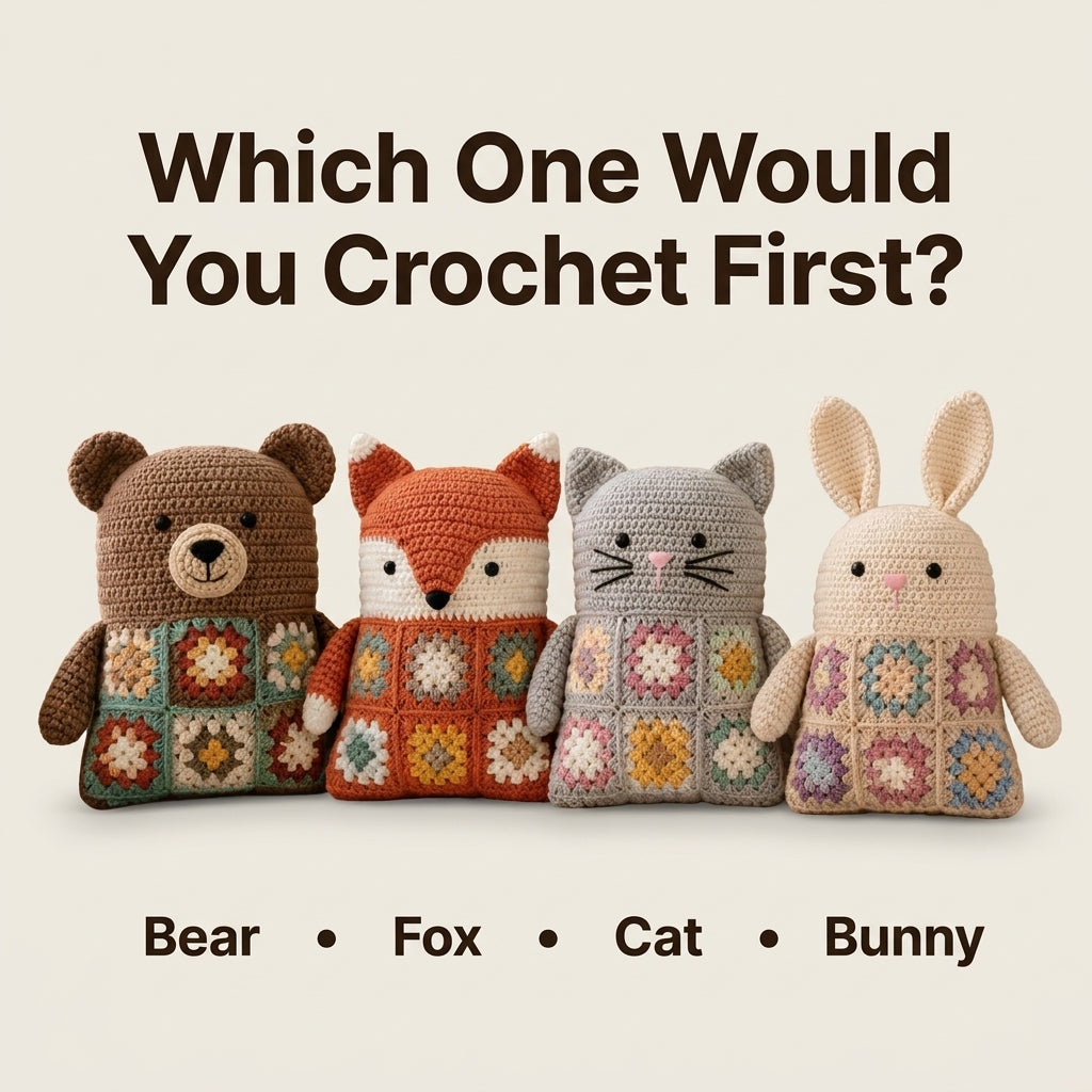 Granny Square Animal Cushion Crochet Pattern — Bear, Fox, Cat and Bunny, 4 Patterns in 1, US Terms, PDF Download