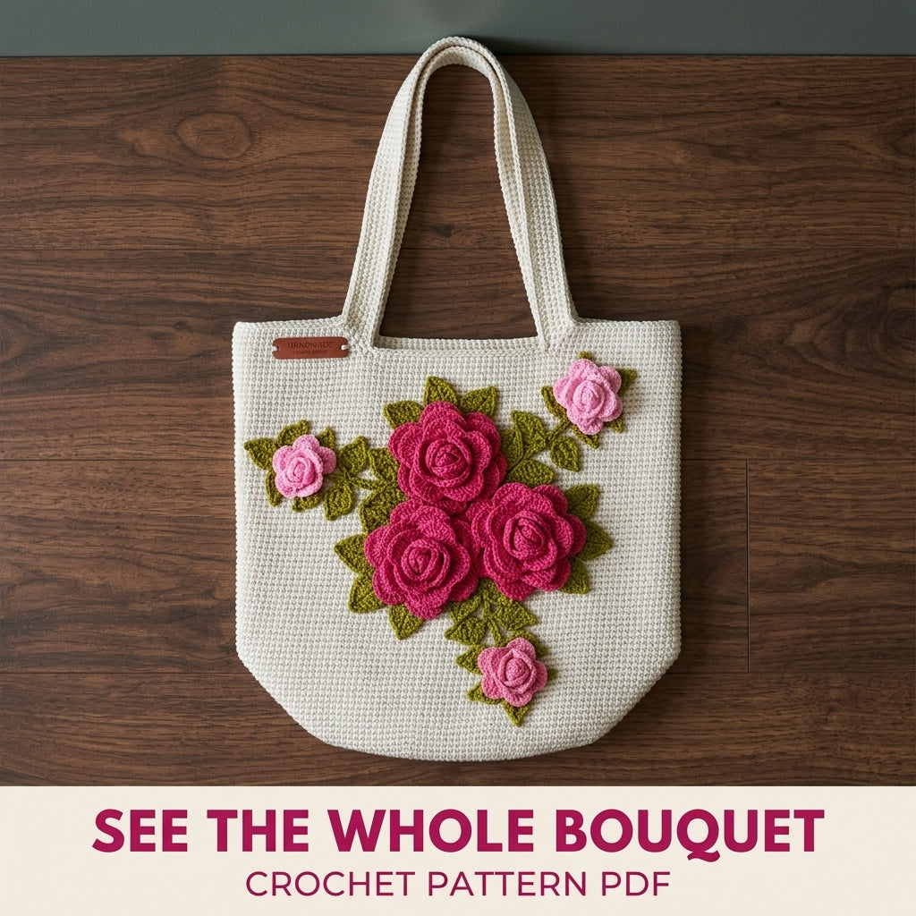 Rose Bouquet Bucket Tote Crochet Pattern PDF – 3D Rose Bag