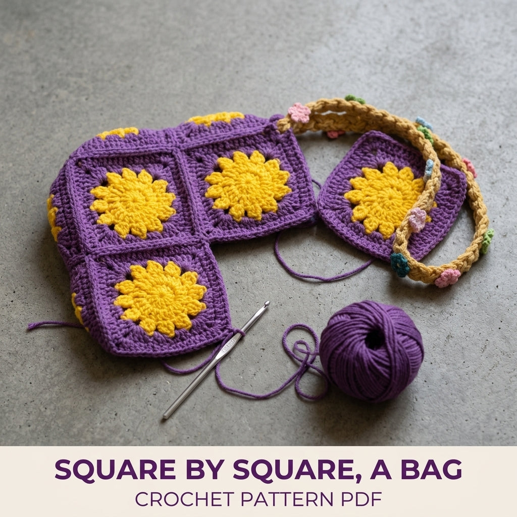 Sunflower Square Shoulder Bag Crochet Pattern PDF – Granny Square Purse with Braided Strap