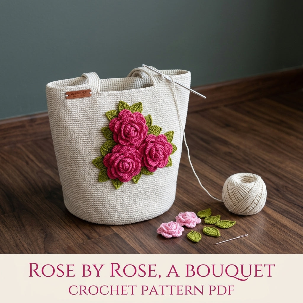 Rose Bouquet Bucket Tote Crochet Pattern PDF – 3D Rose Bag
