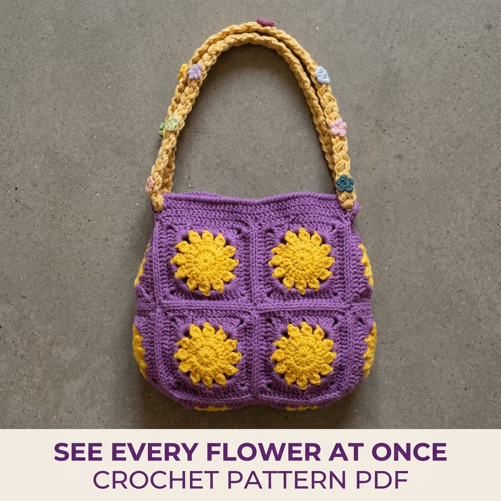 Sunflower Square Shoulder Bag Crochet Pattern PDF – Granny Square Purse with Braided Strap