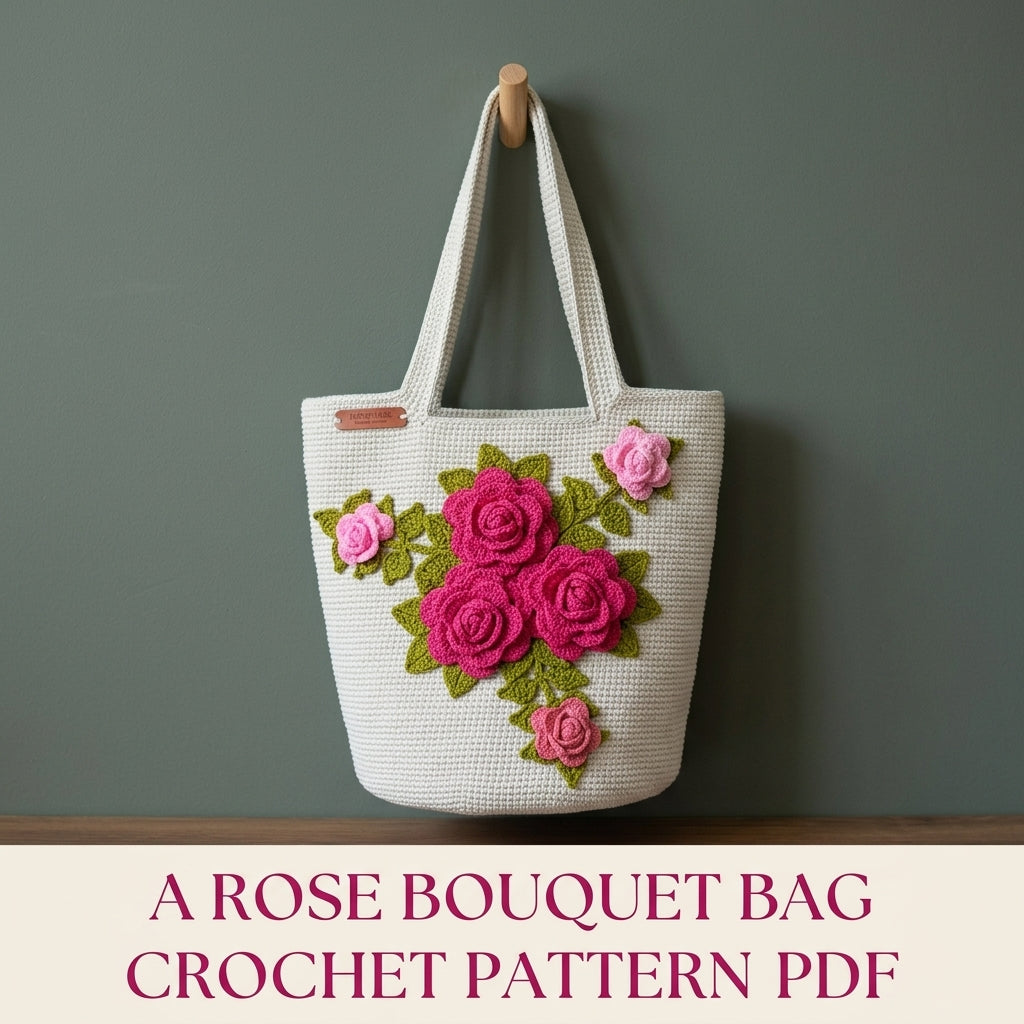 Rose Bouquet Bucket Tote Crochet Pattern PDF – 3D Rose Bag