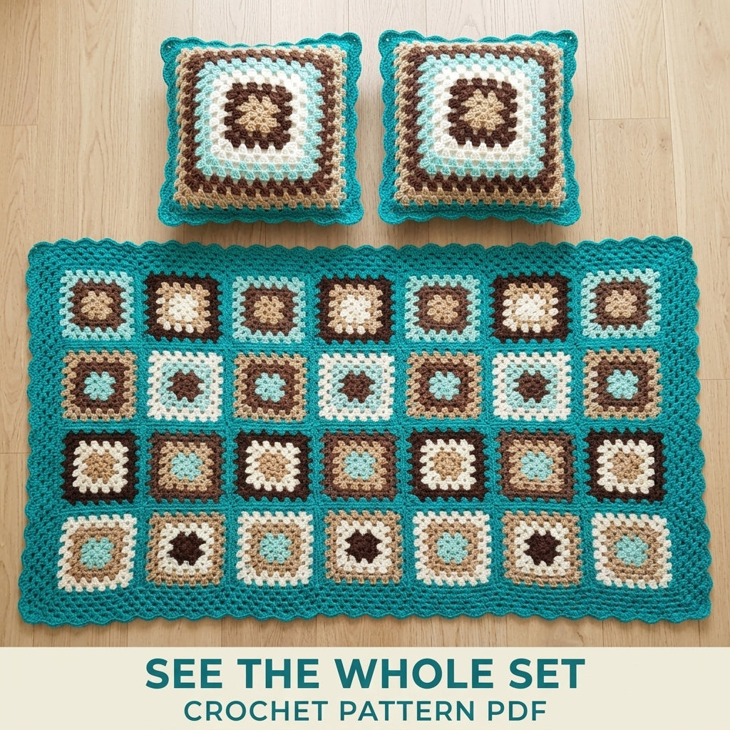 Teal Granny Bed Runner Set Crochet Pattern PDF – Bed Runner and Two Cushions