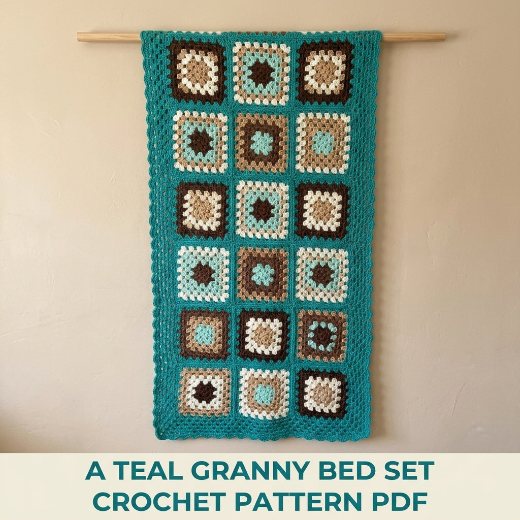 Teal Granny Bed Runner Set Crochet Pattern PDF – Bed Runner and Two Cushions