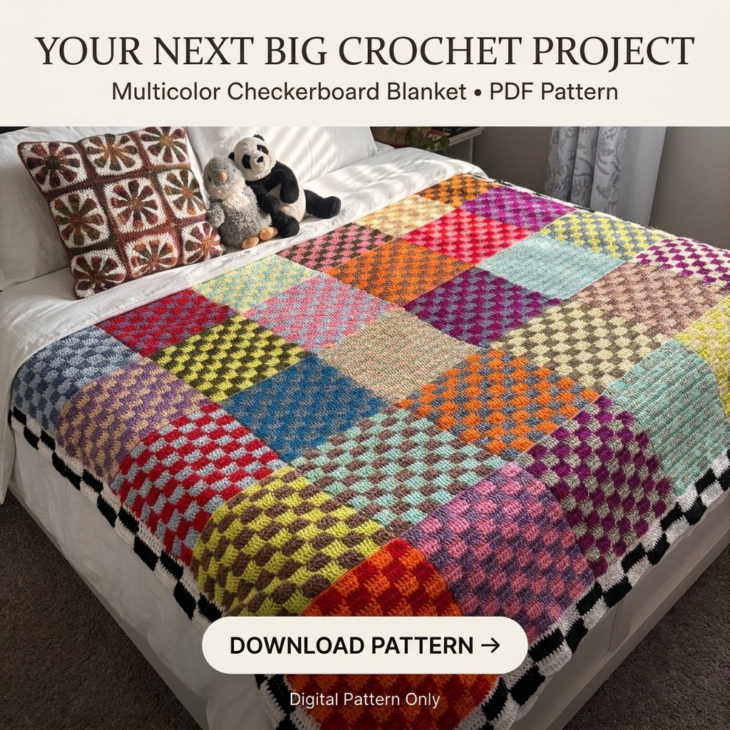 Checkered Patchwork Blanket Crochet Pattern – Colorful Scrap Yarn Throw