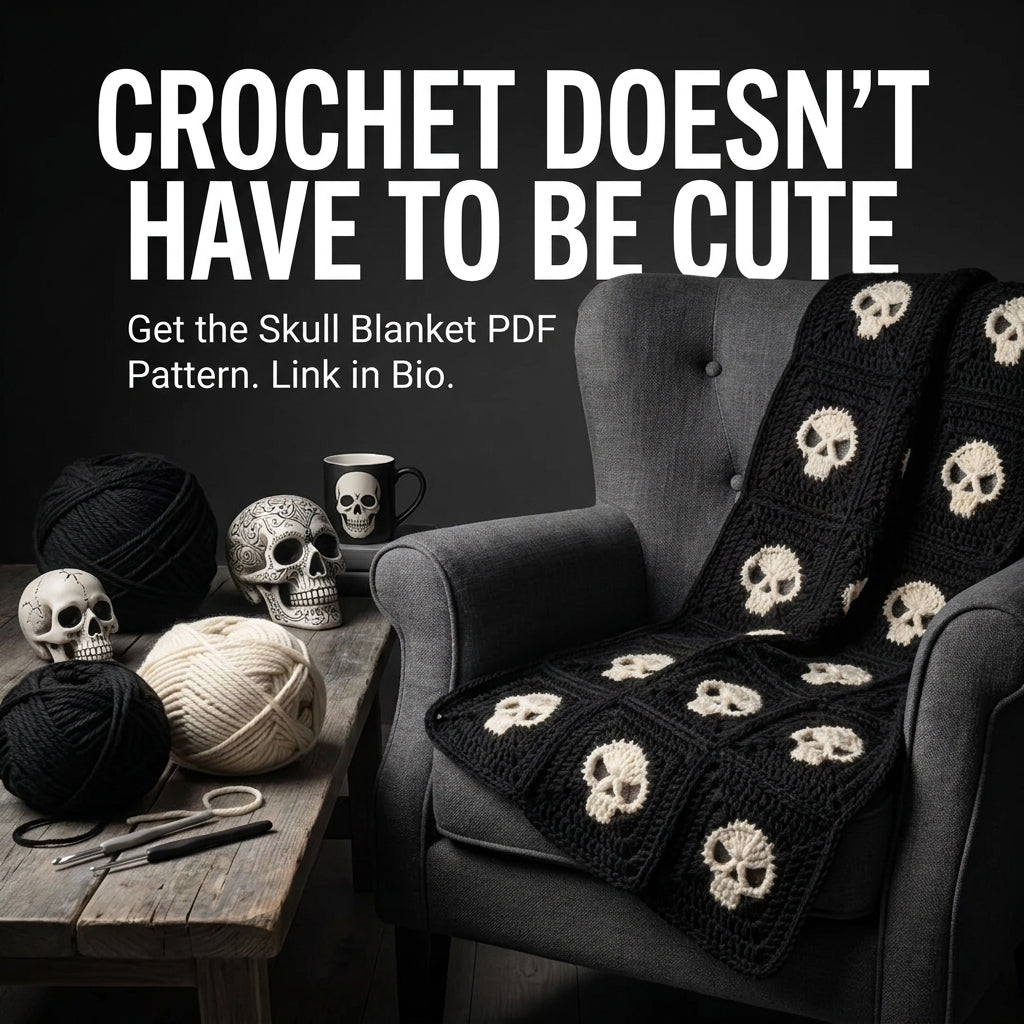 Skull Granny Square Blanket Crochet Pattern — Black and Cream Gothic Throw, 4 Sizes, US Terms, PDF Download