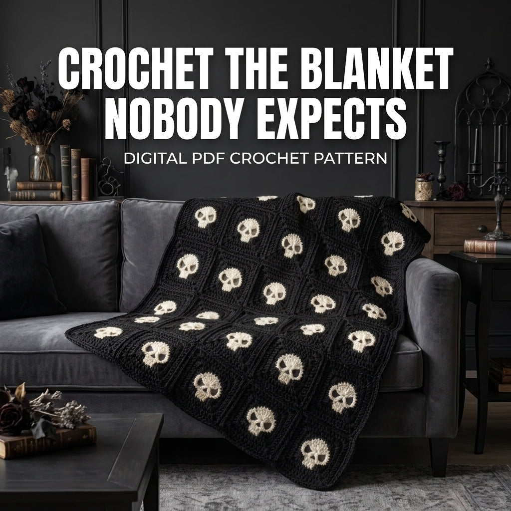 Skull Granny Square Blanket Crochet Pattern — Black and Cream Gothic Throw, 4 Sizes, US Terms, PDF Download