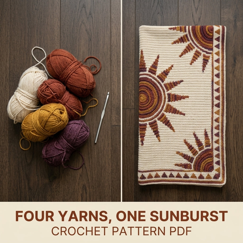 Sunburst Mosaic Crochet Blanket Pattern PDF – Sun Throw in Rust, Mustard and Plum with Triangle Border