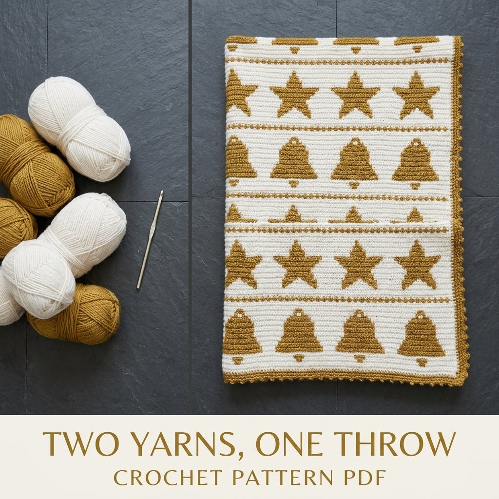 Bells and Stars Crochet Blanket Pattern PDF – Christmas Tapestry Crochet Throw in Gold and White