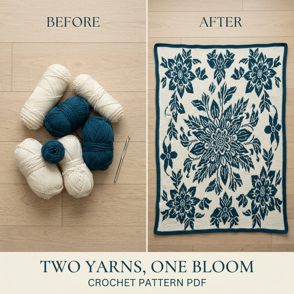 Teal Bloom Mosaic Crochet Blanket Pattern PDF – Two-Colour Floral Medallion Throw