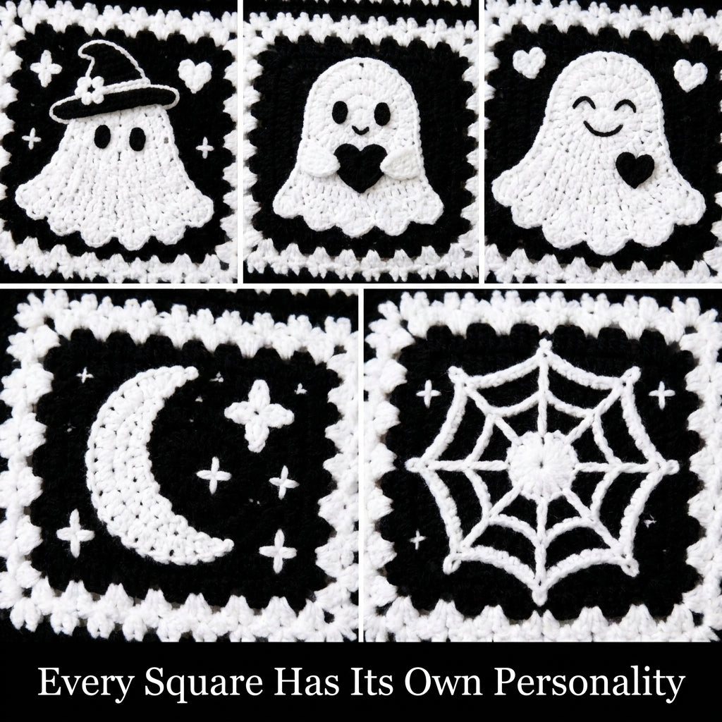 Spooky Season Granny Square Blanket Crochet Pattern | 4 Halloween Motifs in One PDF | Black & White Ghost, Spiderweb & Moon Throw | Instant Download