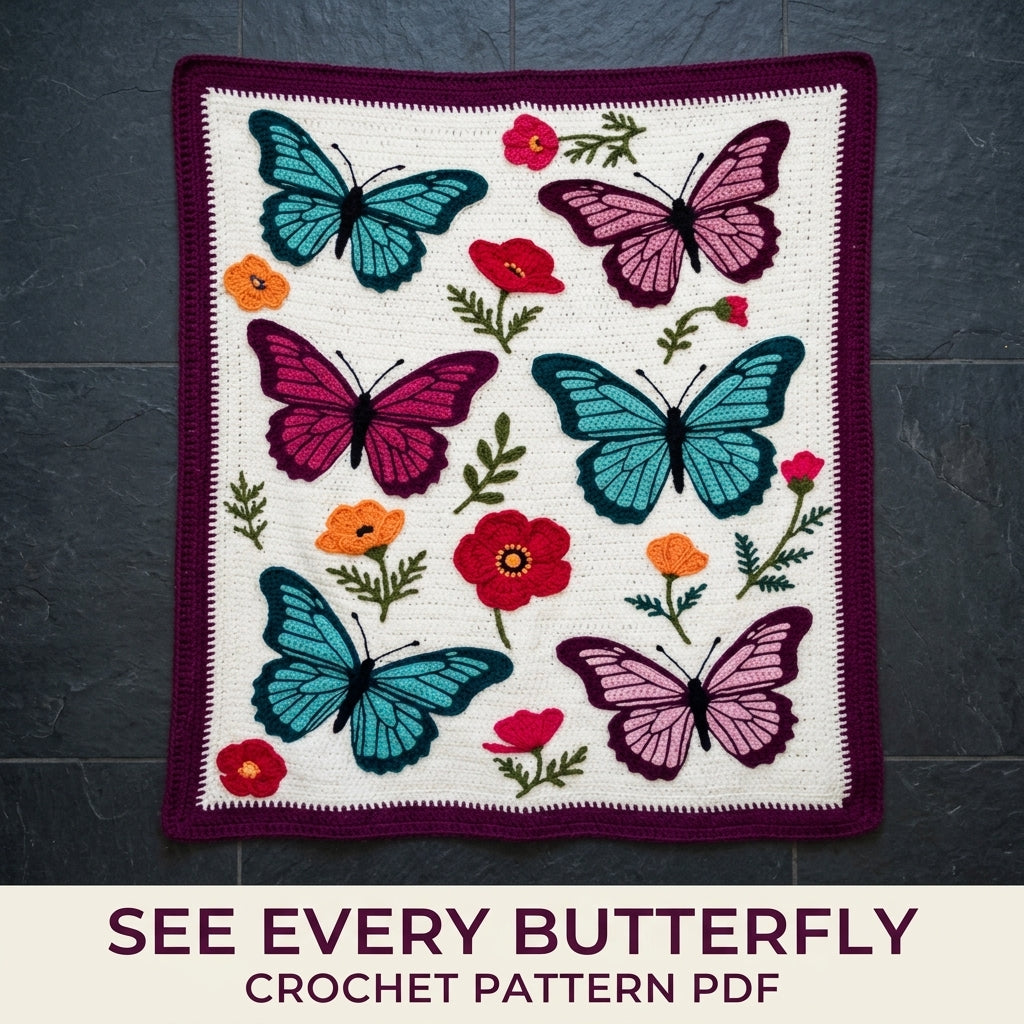 Butterfly Garden Appliqué Blanket Crochet Pattern PDF – Butterflies and Poppies Throw