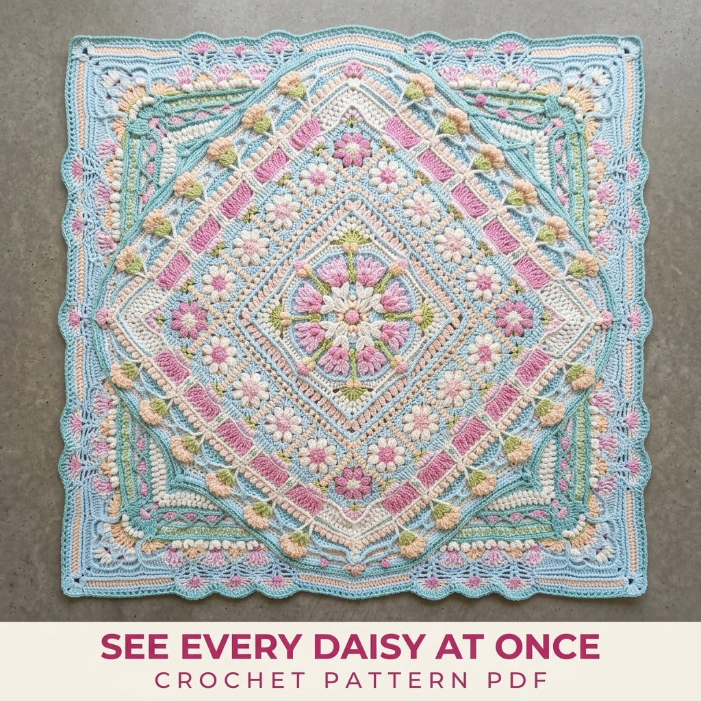 Aqua Peach Daisy Mandala Blanket Crochet Pattern PDF – Textured Daisy Square Throw