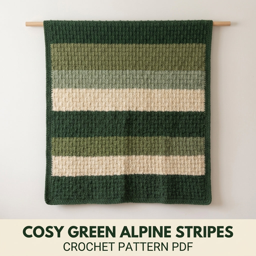 Alpine Stitch Crochet Blanket Pattern PDF – Textured Green and Cream Striped Throw