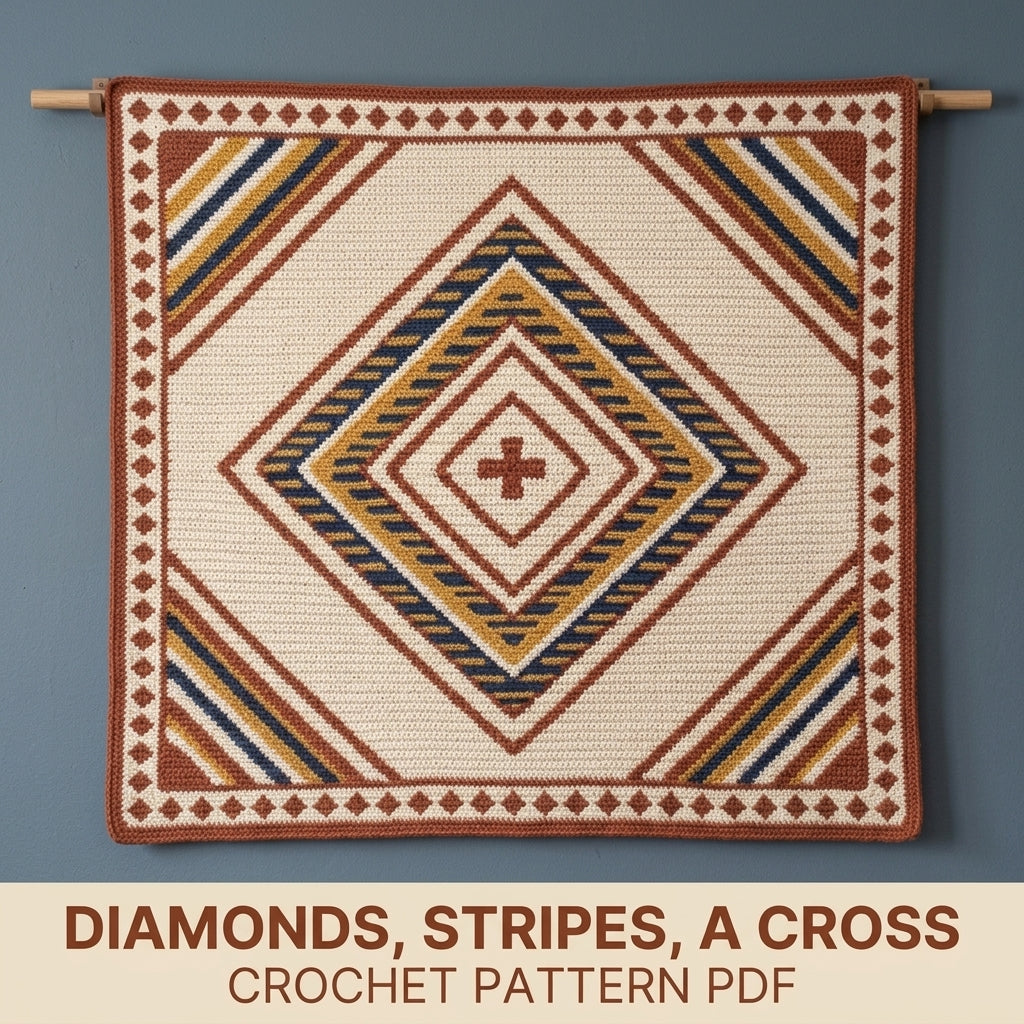 Diamond Tapestry Crochet Blanket Pattern PDF – Geometric Throw in Rust, Mustard and Navy