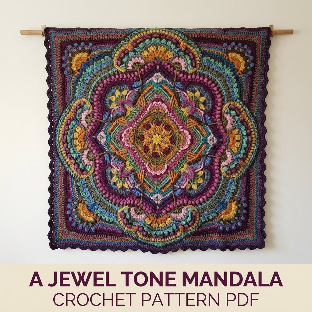 Jewel Mandala Crochet Blanket Pattern PDF – Textured Overlay Square Throw in Rounds