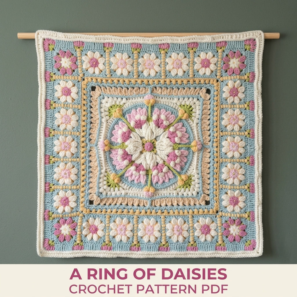 Daisy Ring Medallion Blanket Crochet Pattern PDF – Puff Flower and Daisy Square Throw