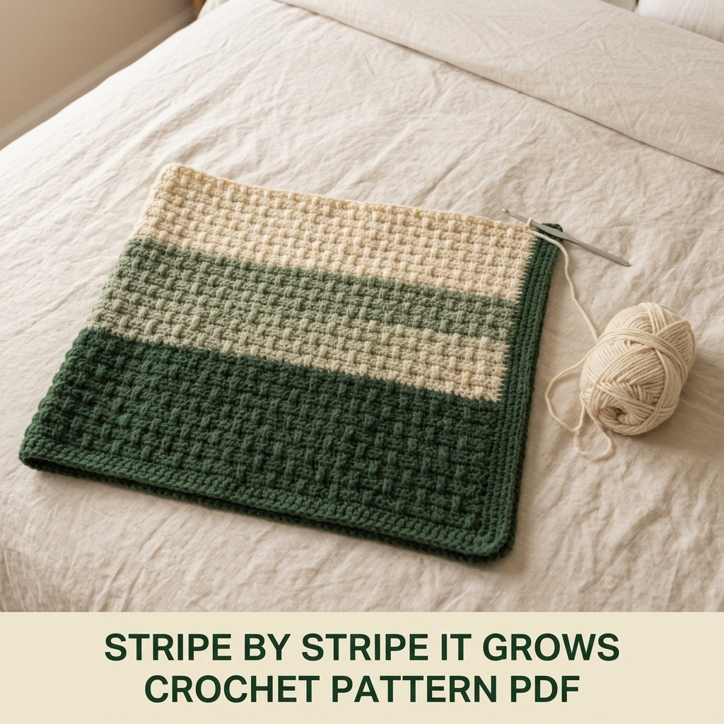 Alpine Stitch Crochet Blanket Pattern PDF – Textured Green and Cream Striped Throw