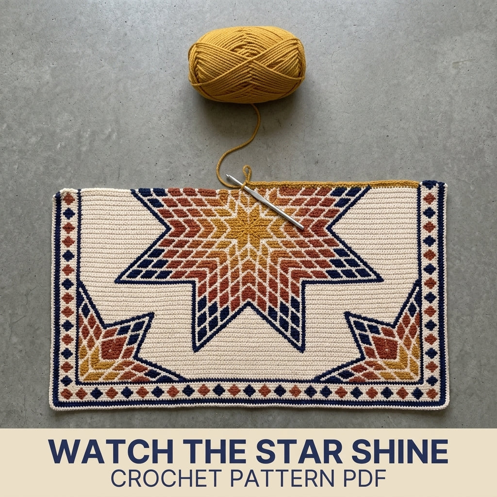 Lone Star Tapestry Crochet Blanket Pattern PDF – Quilt-Inspired Star Throw in Mustard, Rust and Navy