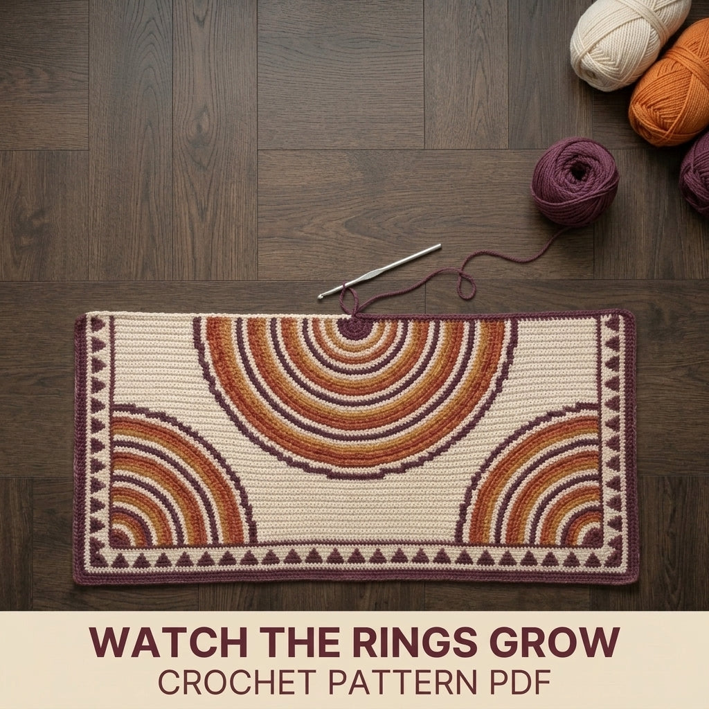 Ripple Rings Tapestry Crochet Blanket Pattern PDF – Concentric Circle Throw in Plum, Orange and Mustard