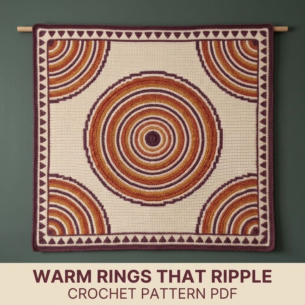 Ripple Rings Tapestry Crochet Blanket Pattern PDF – Concentric Circle Throw in Plum, Orange and Mustard