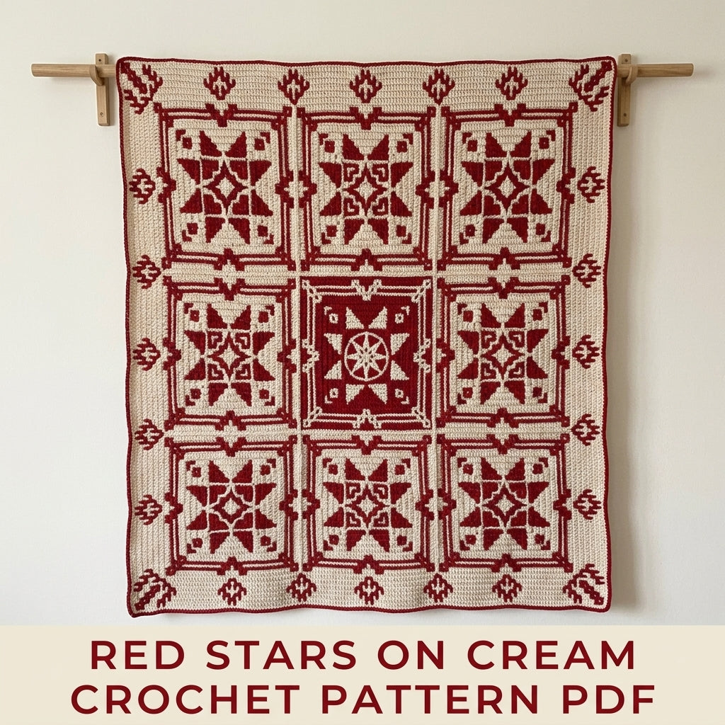 Red Star Mosaic Square Blanket Crochet Pattern PDF – Two-Colour Star Throw