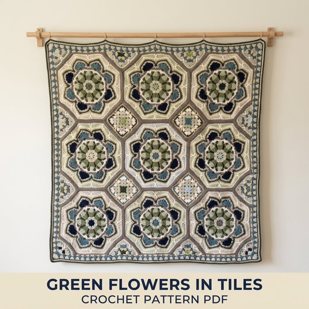 Sage Tile Medallion Crochet Blanket Pattern PDF – Octagon Motif Throw in Green and Navy