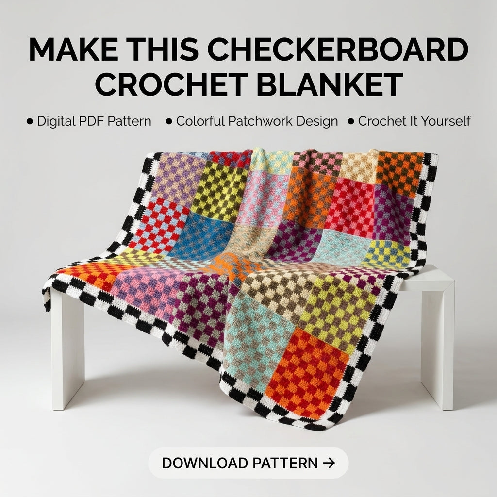 Checkered Patchwork Blanket Crochet Pattern – Colorful Scrap Yarn Throw