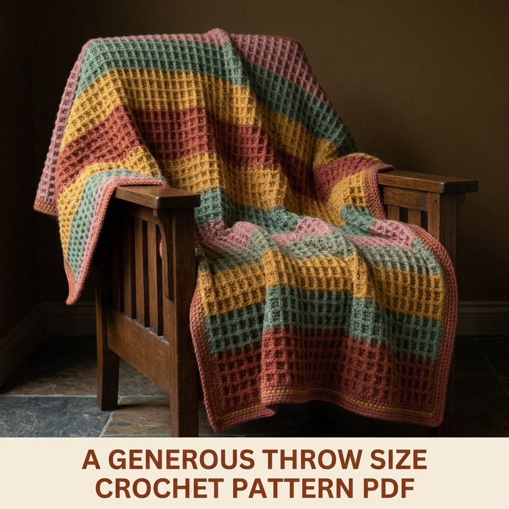 Waffle Stitch Crochet Blanket Pattern PDF – Easy Textured Striped Throw in Rust, Sage and Mustard