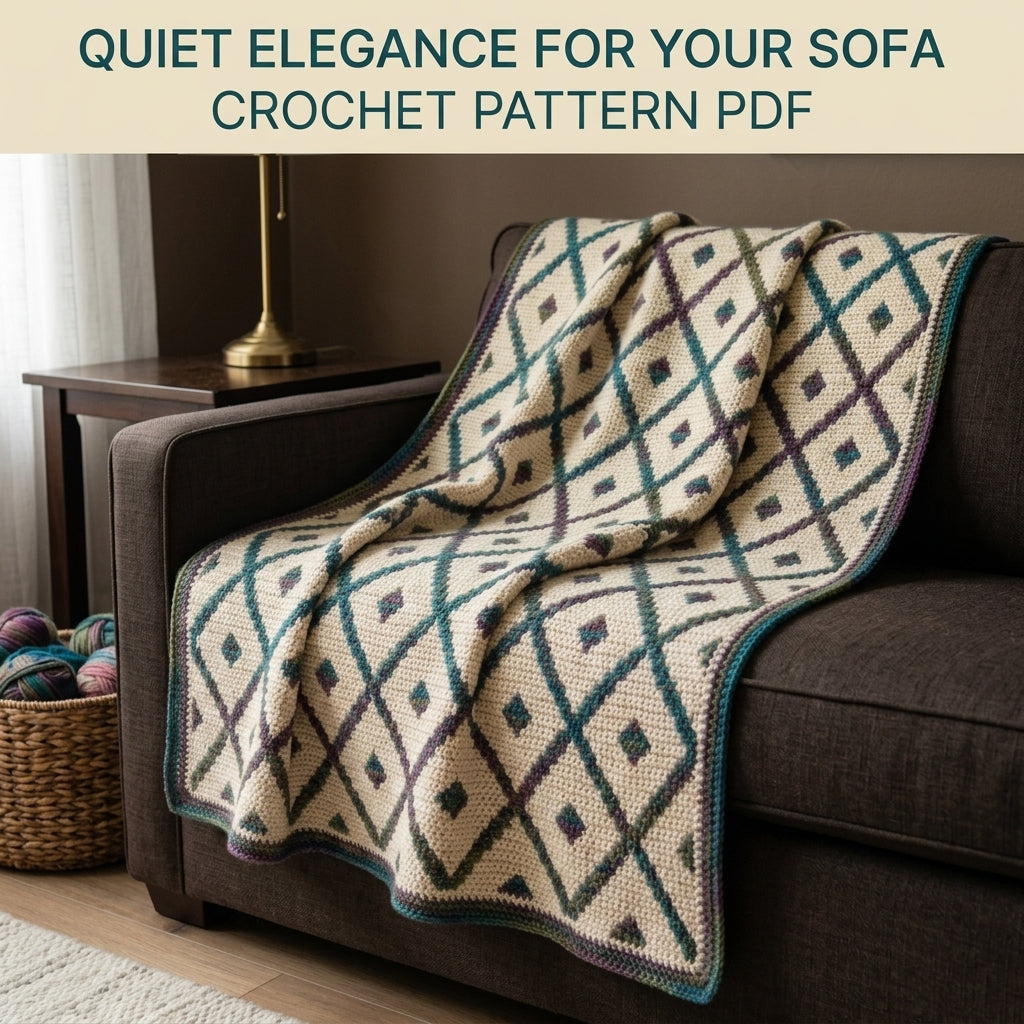 Trellis Mosaic Crochet Blanket Pattern PDF – Diamond Lattice Throw in Teal, Plum and Green