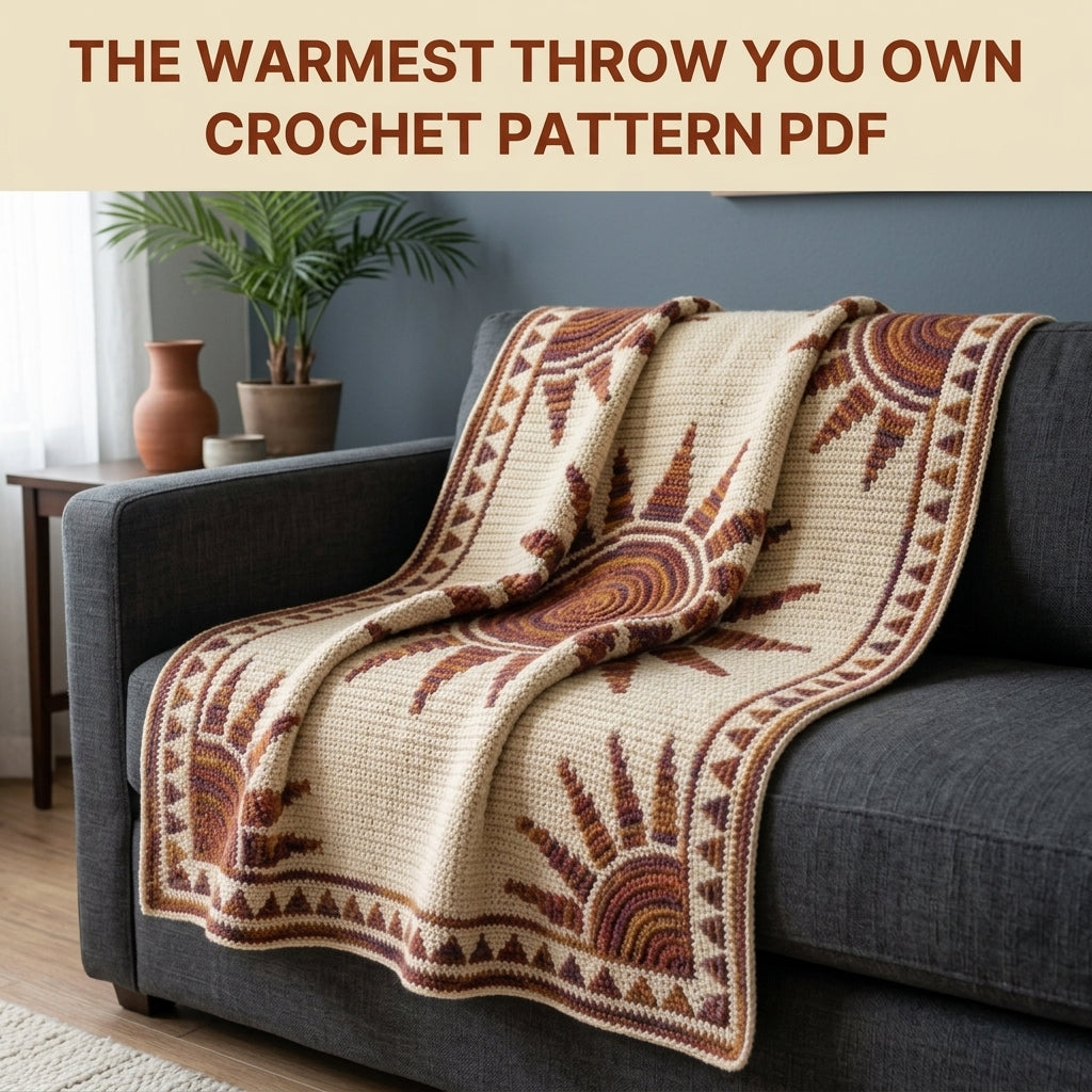 Sunburst Mosaic Crochet Blanket Pattern PDF – Sun Throw in Rust, Mustard and Plum with Triangle Border
