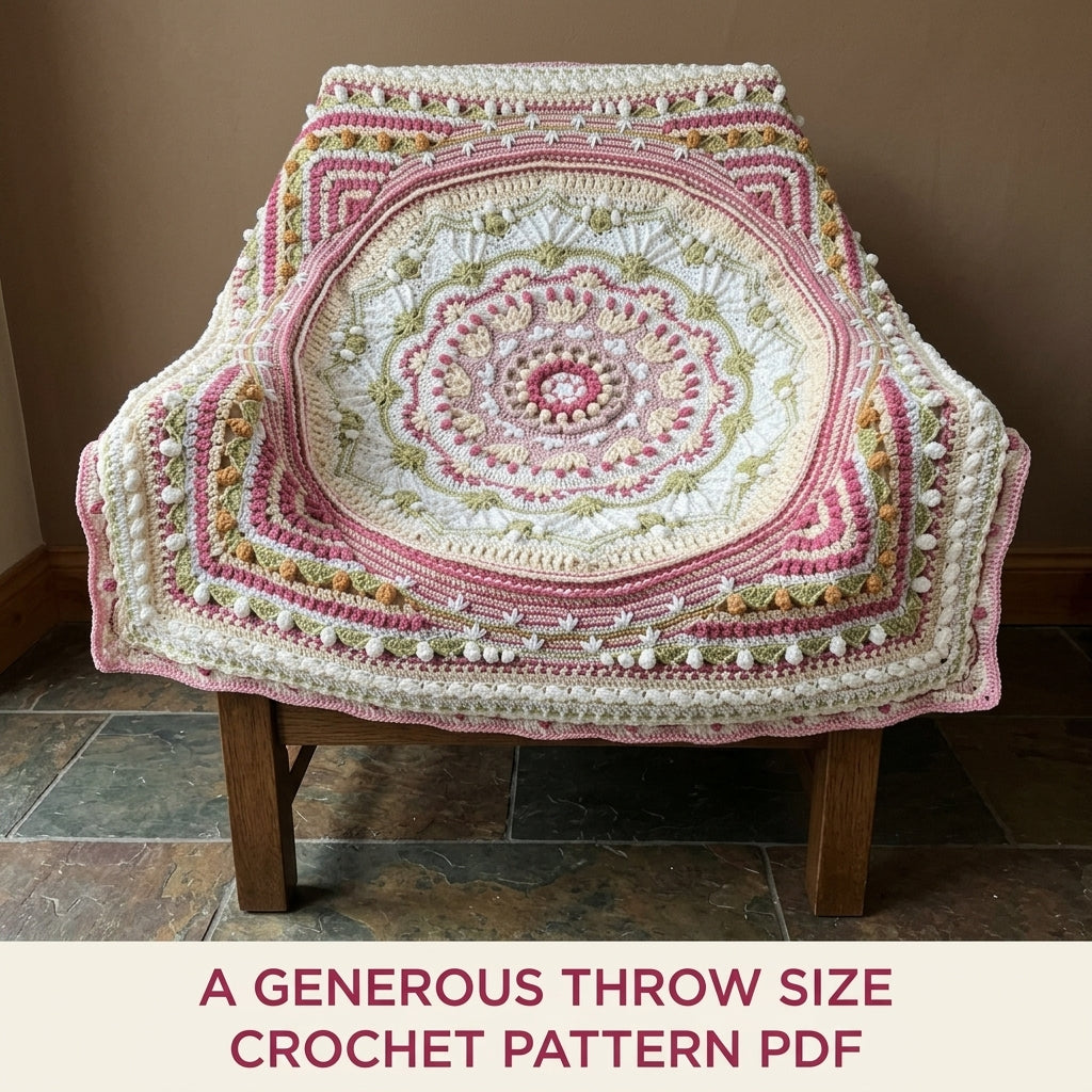 Rose and Sage Mandala Blanket Crochet Pattern PDF – Textured Cottage Mandala Throw